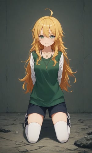 
,crying,
,(arms behind back:1.4),(kneeling:1.4),
score_9, score_8_up, score_7_up, BREAK, source_anime,rating_safe, best quality, masterpiece,
, hoshii miki, long hair, blonde hair, ahoge, green eyes, 1girl, shorts, thighhighs, jewelry,  necklace, 