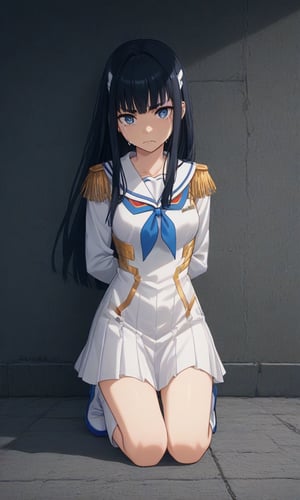 
,crying,
,(arms behind back:1.4),(kneeling:1.4),
score_9, score_8_up, score_7_up, BREAK, source_anime,rating_safe, best quality, masterpiece,
,satsuki_def, epaulettes, neckerchief, blue eyes, black hair, sailor collar, white skirt, long sleeves, white footwear, thigh boots,satsukiklk