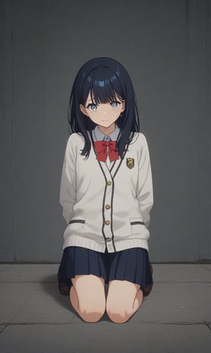 ,crying,
,(arms behind back:1.4),(kneeling:1.4),
score_9, score_8_up, score_7_up, BREAK, source_anime,rating_safe, best quality, masterpiece,
RikkaGridman, black hair, long hair, blue eyes, school uniform, collared shirt, white cardigan, long sleeves, red bowtie, black skirt, miniskirt, pleated skirt,