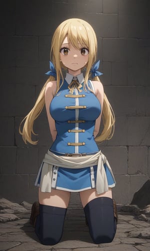 
,crying,
,(arms behind back:1.4),(kneeling:1.4),
score_9, score_8_up, score_7_up, BREAK, source_anime,rating_safe, best quality, masterpiece,
lucy heartfilia, blonde hair, low twin-tails, brown eyes, white tube top, blue sleeveless cropped jacket, blue detached sleeves, wide white belt, black short skirt, black thigh-highs, lucy heartfilia, fairy tail,LUCY_HEARTFILIA, Lucy Heartfilia,sysdeep_lucy100,Lucy_Heartfilia