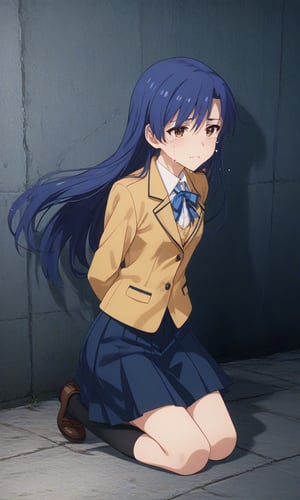 ,crying,
,,(arms behind back:1.4),(kneeling:1.4),
score_9, score_8_up, score_7_up, BREAK, source_anime,rating_safe, best quality, masterpiece,
, kisaragi chihaya, blue hair, long hair, brown eyes, school uniform, blazer, jacket, ribbon, neck ribbon,skirt