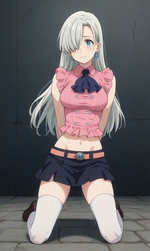 
,crying,
,(arms behind back:1.4),(kneeling:1.4),
score_9, score_8_up, score_7_up, BREAK, source_anime,rating_safe, best quality, masterpiece,
, elizabeth liones, long hair, blue eyes, grey hair, hair over one eye,skirt, shirt, thighhighs, navel, jewelry, earrings, sleeveless, midriff, black skirt, ascot, sleeveless shirt, pink shirt