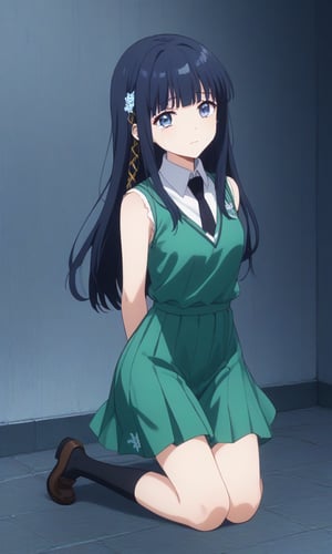 
,crying,
,(arms behind back:1.4),(kneeling:1.4),
score_9, score_8_up, score_7_up, BREAK, source_anime,rating_safe, best quality, masterpiece,
, shiba miyuki, black hair,long hair, blunt bangs, eyebrows visible through hair, blue eyes, , third school uniform, green jacket,sleeveless white dress,black x necktie, snowflake hair ornament, yellow x hair ornament, 