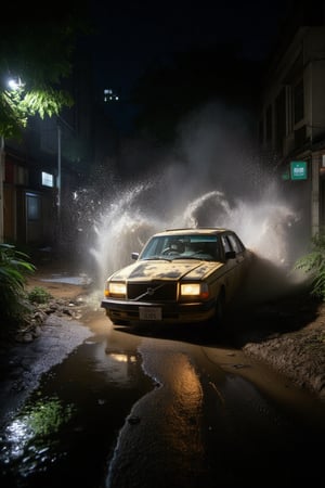 A gritty scene unfolds: a Volvo 240 GL - Gold lit by a flashlight. with reflective windshield  its exterior covered in dirt and grime, rounds a dark town's corner with reckless abandon. As it drifts, a massive splash of water erupts, sending droplets flying everywhere. The car's tires screech in protest, the only sound in an otherwise eerily silent dawn at the dirt road at the bright day Tokyo Japan.