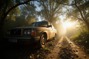 A gritty, atmospheric close-up shot from a low angle perspective, capturing the rugged beauty of the front of abandoned Volvo 240 GL - Gold. The camera is positioned at a 90-degree angle to the front wheel, emphasizing its worn, dusty state. In the background, the vast ruins of a town stretches out, with the bright sun casting long shadows across the parched foliage. Dust devils dance in the air as the tree branches above create a sense of abandonment and isolation.