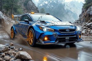 ((Ultra-realistic)) photo of Blue Subaru Impreza 2025 cornering and drifting beautifully at a mountain offroad muddy trail,splashing mud,Sports car,beautiful and complex racing livery,Blue color,shiny spinning wheels,glossy Yellow alloy rims,bright turned on head lights,driver silhouette,driving at high speed,(backdrop of Detailed Realistic mountain offroad trail for speed race,mountain view,trees,rock,hill,cloud,mud,cluttered maximalism),depth of perspective,vehicle focus,sports car,(wide shot)
BREAK
sharp focus,high contrast,studio photo,trending on artstation,rule of thirds,perfect composition,(Hyper-detailed,masterpiece,best quality,UHD,HDR,32K,shiny, glossy,reflective,kodachrome 800:1.3), ek_photo_b00ster,ek_car_b00ster,Mecha fighter,Super Sport Car