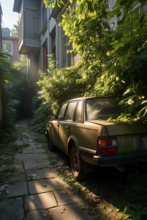 A hauntingly beautiful scene: a dusty Volvo 240 GL - Gold, The camera is positioned at a 90-degree angle to the rear wheel,abandoned and weathered, lies alongside a cracked sidewalk amidst tangled bushes. Moss clings to its rusty surface, while leaves and foliage shadows fall all around it. In the background, a dilapidated house stands, half-collapsed, its once-whole facade now crumbling. The atmosphere is heavy with neglect and decay.