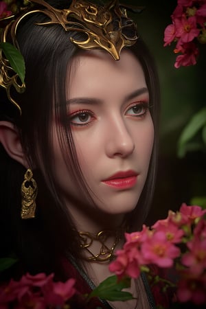 close-up of a serene Chinese warrior young woman's face in between foliage and behind flowers, wearing headdress and red ancient attire blending with surrounding flora. black straight long hair. Spotlight illuminates forehead, highlighting pores and subtle wrinkles. Skin texture scrutinized, showcasing gentle complexion. Nose and cheeks cast in soft shadows, as the subject exudes tranquility in the lush flower garden.,SHORT,STUDIO,Xmeidusha