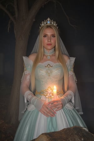 A mystical princess portrait: A delicate, porcelain-skinned princess holds a flickering candle amidst a veil of misty vapor. She wears a lavish princess outfit adorned with sparkling accessories, her golden locks cascading down her back like a river of night. In the background, a gnarled, scarry tree looms large, its branches twisted and eerie, while in the foreground, a rugged rock outcropping adds depth to the dreamlike scene.