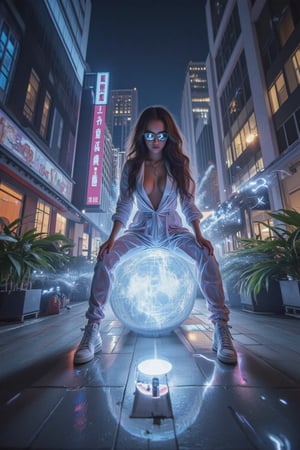 In a sleek, neon-lit cityscape at 3:14 AM on a distant Tuesday, a young woman wearing a holographic jumpsuit and mirrored sunglasses strikes a dramatic pose, her hands grasping an ethereal orb that appears to be pulling her towards the viewer. The camera captures her intense expression from a 45-degree angle, with the city's towering skyscrapers blurred in the background and a swirling vortex of lights in the foreground.