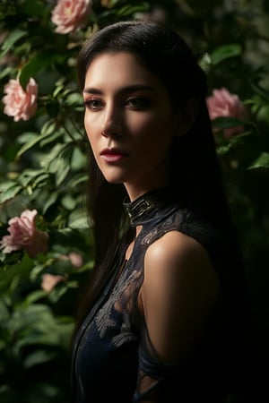 close-up of a serene Chinese warrior young woman's face in between foliage and behind flowers, wearing headdress and ancient attire blending with surrounding flora. black straight long hair. Spotlight illuminates forehead, highlighting pores and subtle wrinkles. Skin texture scrutinized, showcasing gentle complexion. Nose and cheeks cast in soft shadows, as the subject exudes tranquility in the lush flower garden.,SHORT,STUDIO,Xmeidusha