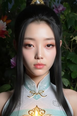 Close-up of a serene Chinese warrior young woman's face amidst lush foliage and vibrant flowers. She holds a candle, her headdress and mint green ancient attire blending seamlessly with the surrounding flora. Her black straight hair falls down her back like a waterfall. A spotlight illuminates her forehead, highlighting her pores and subtle wrinkles. The camera scrutinizes her skin texture, showcasing a gentle complexion. Nose and cheeks cast in soft shadows, as she exudes tranquility in the flower garden.