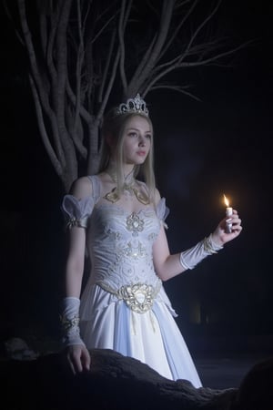 A mystical princess portrait: A delicate, porcelain-skinned princess holds a flickering candle amidst a veil of misty vapor. She wears a lavish princess outfit adorned with sparkling accessories, her golden locks cascading down her back like a river of night. In the background, a gnarled, scarry tree looms large, its branches twisted and eerie, while in the foreground, a rugged rock outcropping adds depth to the dreamlike scene.