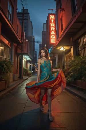 A mysterious woman posing dramatically in a dimly lit alleyway at dusk, dressed in a vibrant turquoise jumpsuit adorned with golden accents, as she dramatically flails her arms and spins around to reveal a swirling red and orange dress flowing behind her. A faint cityscape glows in the background, with a neon sign reading 'Midnight Mirage' casting a warm glow on the wet pavement.