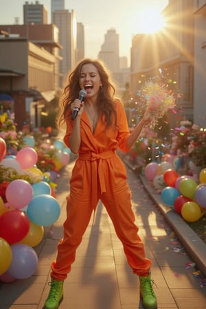 A whimsical portrait of a young woman, dressed in a vibrant orange jumpsuit with neon green boots and holding a retro-style microphone. She's captured mid-scream, as if belting out her favorite song on stage. The setting sun casts a warm glow on the scene, illuminating the soft focus cityscape behind her. A burst of colorful balloons and confetti floats in the foreground, adding to the lively atmosphere.