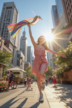 A whimsical snapshot captures a carefree individual in a vibrant setting. Wearing a bold, striped jumpsuit and chunky sneakers, they strike a dynamic pose, arms outstretched and one leg bent at the knee. The sun casts a warm glow, illuminating the subject's joyful expression as they toss a colorful scarf into the air. A blurred cityscape with towering skyscrapers and bustling streets serves as the vibrant backdrop, while a bright red bicycle and scattered flowers add a pop of playfulness to the foreground.