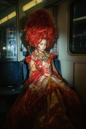 A striking portrait of a beautiful Japanese girl lit by a flashlight dressed as an elaborate rococo princess, sitting on a metro train. Her gown is a masterpiece of intricate details, with layers of ruffles, lace, and vibrant colors that evoke the opulent style of the 18th century. Her hair is a magnificent creation, a towering mass of curls and waves in a vivid shade of red that commands attention. Despite the humble setting of the metro car, her expression is one of poise and grace, with delicate features and captivating eyes that draw the viewer in. This image blends the grandeur of rococo fashion with the mundane reality of modern life, creating a surreal and visually stunning contrast that leaves a lasting impression,Japan Costume,Auguste Renoir ~ Paul Peel ~ John Singer Sargent ~ Alexandre-Jacques Chantron ~ John William Godward ~ John William Waterhouse ~ Han-Wu Shen ~ Ishitaka Amano ~ Chakrapan Posayakrit ~ Kim Jung Gi ~ Kei Mieno ~ Ikushima Hiroshi ~ WLOP ~ William-Adolphe Bouguereau ~ Alphonse Mucha ~Luis Royo ~ Range Murata ~ Jock Sturges photography ~ David Hamillton photography ~ Rustic Sketchbook Style, Sketch Book, Hand Drawn, Dark, Gritty, Realistic Sketch, Rough Sketch, Mix of Bold Dark Lines and Loose Lines, Bold Lines, On Paper, Turnaround Character Sheet, Natural Light, Dynamic, Highly Detailed, Watercolor Painting, Watercolor Paper, Artstation, Concept Art, Smooth and Crisp, Sharp Focus, Illustration, Goth girl ,,surreal,sparkles,FLASH