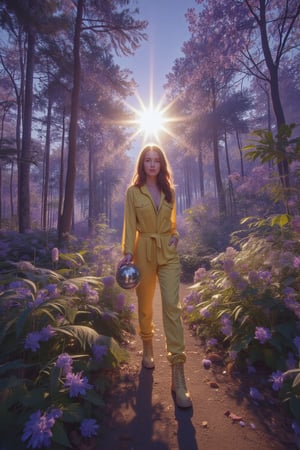 A whimsical scene unfolds: A young woman with a bright yellow jumpsuit and matching boots stands confidently in the midst of a vibrant purple forest, where towering trees with iridescent leaves stretch towards the sky. She's mid-stride, one foot lifted as if about to pivot, while holding a gleaming silver orb aloft. The warm light of early dawn casts long shadows across the ferns and wildflowers at her feet.