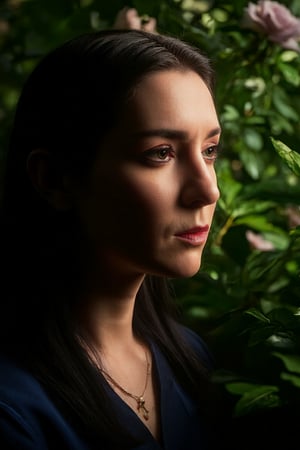 close-up of a serene Chinese warrior young woman's face in between foliage and behind flowers, wearing headdress and ancient attire blending with surrounding flora. black straight long hair. Spotlight illuminates forehead, highlighting pores and subtle wrinkles. Skin texture scrutinized, showcasing gentle complexion. Nose and cheeks cast in soft shadows, as the subject exudes tranquility in the lush flower garden.,SHORT,STUDIO,Xmeidusha