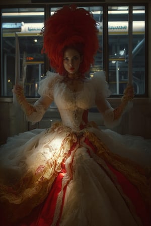 A striking portrait of a beautiful Japanese girl lit by a flashlight dressed as an elaborate rococo princess, sitting on a metro train. Her gown is a masterpiece of intricate details, with layers of ruffles, lace, and vibrant colors that evoke the opulent style of the 18th century. Her hair is a magnificent creation, a towering mass of curls and waves in a vivid shade of red that commands attention. Despite the humble setting of the metro car, her expression is one of poise and grace, with delicate features and captivating eyes that draw the viewer in. This image blends the grandeur of rococo fashion with the mundane reality of modern life, creating a surreal and visually stunning contrast that leaves a lasting impression,Japan Costume,Auguste Renoir ~ Paul Peel ~ John Singer Sargent ~ Alexandre-Jacques Chantron ~ John William Godward ~ John William Waterhouse ~ Han-Wu Shen ~ Ishitaka Amano ~ Chakrapan Posayakrit ~ Kim Jung Gi ~ Kei Mieno ~ Ikushima Hiroshi ~ WLOP ~ William-Adolphe Bouguereau ~ Alphonse Mucha ~Luis Royo ~ Range Murata ~ Jock Sturges photography ~ David Hamillton photography ~ Rustic Sketchbook Style, Sketch Book, Hand Drawn, Dark, Gritty, Realistic Sketch, Rough Sketch, Mix of Bold Dark Lines and Loose Lines, Bold Lines, On Paper, Turnaround Character Sheet, Natural Light, Dynamic, Highly Detailed, Watercolor Painting, Watercolor Paper, Artstation, Concept Art, Smooth and Crisp, Sharp Focus, Illustration, Goth girl ,,surreal,sparkles,FLASH