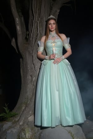 A mystical princess portrait: A delicate, porcelain-skinned princess holds a flickering candle amidst a veil of misty vapor. black hair, She wears a lavish mint green princess outfit adorned with sparkling accessories, her golden locks cascading down her back like a river of night. In the background, a gnarled, scarry tree looms large, its branches twisted and eerie, while in the foreground, a rugged rock outcropping adds depth to the dreamlike scene.