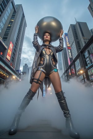 A futuristic trendsetter poses in a 45-degree angle close-up, gazing upwards with an intense expression. Wearing a metallic jumpsuit with holographic accents and knee-high boots, they grasp a gleaming sphere with both hands. The cityscape behind them is a blurred kaleidoscope of neon lights and towering skyscrapers. A swirling mist rises from the foreground, shrouding their feet in mystery.