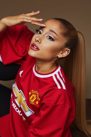 A sultry Ariana Grande pose wearing Manchester United football kit, while a bold makeup look highlights long lashes framing her perfect face.