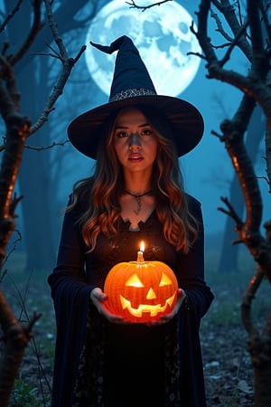 A eerie moonlit forest glows with an otherworldly light as Pokimane, dressed in a witch's cloak and hat, stands amidst twisted tree branches. Her eyes gleam with mischief as she holds a glowing jack-o-lantern, its candle flame casting an eerie glow on her face. The surrounding foliage appears to writhe and twist like skeletal fingers.