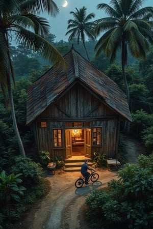 Aerial view of a centuries-old Malay wooden house, its weathered facade blending with the rustic surroundings. A winding dirt path leads to the door, where an elderly gentleman pedals his bicycle, the creaky old frame bearing testament to countless years of use. The half-moon casts a silver glow, illuminating the verdant coconut tree swaying gently in the breeze. As night falls, the house remains unlit, its interior radiance spilling out onto the path, a warm and inviting beacon.,mancyborg