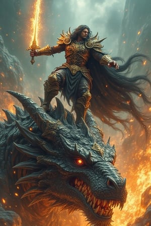 A legendary fantasy sword master standing triumphantly on the massive head of a defeated dragon, wielding an ornate, glowing sword, intricate armor with mythical symbols, intense gaze looking forward, dragon scales and horns in high detail, epic scene with fiery embers around, dramatic lighting and shadows, cinematic atmosphere, ultra-realistic rendering.