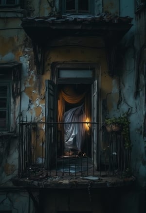 A cinematic of a rotting hotel balcony, with splintered wood and peeling paint. The camera zooms in on the open door leading into a dark, decayed room, with curtains fluttering in the wind. The shadows of unseen figures seem to dance inside, barely visible beyond the dim light coming from a flickering streetlamp below. The dynamic angle emphasizes the feeling of something lurking just beyond the doorway.FluxBoost,Midjourney_Whisper,FluxBoost,Midjourney_Whisper