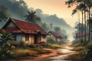 ,kalerair a malay house, rusty zink, dirt path, brick wall, nature background serene in evening