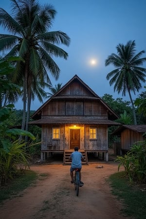 Aerial view of a centuries-old Malay wooden house, its weathered facade blending with the rustic surroundings. A winding dirt path leads to the door, where an elderly gentleman pedals his bicycle, the creaky old frame bearing testament to countless years of use. The half-moon casts a silver glow, illuminating the verdant coconut tree swaying gently in the breeze. As night falls, the house remains unlit, its interior radiance spilling out onto the path, a warm and inviting beacon.,mancyborg,Panorama Landscape