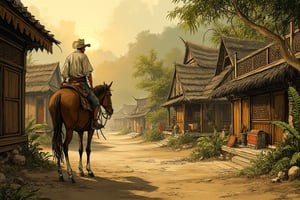 A sun-drenched Malayan village, circa 1550, serves as the rustic backdrop for a bewildered cowboy. Clad in dusty attire, he stands out amidst the vibrant colors and lush greenery of the ancient settlement. A lone figure on horseback, he gazes curiously at the intricate wooden houses and thatched-roof huts, his worn boots sinking into the earthen path. A warm golden light casts a gentle glow, illuminating the foreign cowboy's forlorn expression.,komikA