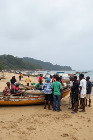 The image shows a group of people gathered around a small fishing boat on a sandy beach. The boat appears to be docked near the shore, and the individuals are handling some equipment, likely related to fishing or boat maintenance. Some of the people are wearing caps and face coverings. There are other boats in the background, as well as trees and hills along the shoreline. The sea is visible, and the atmosphere seems to suggest a fishing village or a coastal community setting. The sky is overcast, giving a calm, cloudy feel to the scene.,Mamulengo