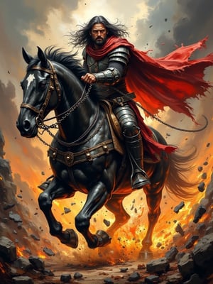 The image shows a dynamic and intense scene of a warrior riding a powerful black horse through a fiery landscape. The warrior, dressed in intricate medieval armor with chainmail, has long, flowing dark hair and a red cape that trails dramatically behind. He holds a chain or reins with a determined grip as his steed charges forward, giving the impression of unstoppable momentum and strength.

The horse, also armored, has a fierce, almost skeletal expression, adding to the intense and dark aesthetic of the image. Flames and sparks erupt from beneath the horse's hooves, adding a sense of movement and danger, while the swirling dust and debris enhance the chaotic atmosphere.

The art style is highly detailed and realistic, with a dark, fantasy theme. The lighting accentuates the drama, casting shadows on the warrior's armor and illuminating the red cape and the flames, highlighting the intensity of the moment. This style combines elements of dark fantasy and realism, capturing both the physical details of the armor and horse, and the supernatural, almost apocalyptic tone of the scene.

