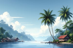 A serene outdoor setting: A majestic coconut tree stands tall near a tranquil body of water, its fronds gently swaying in the breeze. In the distance, a charming wooden house with a rustic roof and a dock jutting out into the calm lake. The sky above is a brilliant blue, with only a few wispy clouds drifting lazily across it. A lush green tree stands sentinel beside the water's edge, its leafy branches stretching towards the heavens ,kalerair