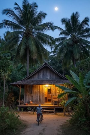 Aerial view of a centuries-old Malay wooden house, its weathered facade blending with the rustic surroundings. A winding dirt path leads to the door, where an elderly gentleman pedals his bicycle, the creaky old frame bearing testament to countless years of use. The half-moon casts a silver glow, illuminating the verdant coconut tree swaying gently in the breeze. As night falls, the house remains unlit, its interior radiance spilling out onto the path, a warm and inviting beacon.,mancyborg,Panorama Landscape