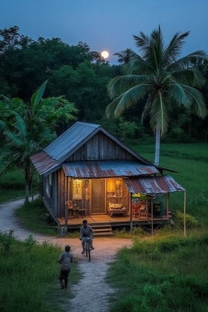 Aerial view of a centuries-old Malay wooden house, its weathered facade blending with the rustic surroundings. A winding dirt path leads to the door, where an elderly gentleman pedals his bicycle, the creaky old frame bearing testament to countless years of use. The half-moon casts a silver glow, illuminating the verdant coconut tree swaying gently in the breeze. As night falls, the house remains unlit, its interior radiance spilling out onto the path, a warm and inviting beacon.,Alamaya