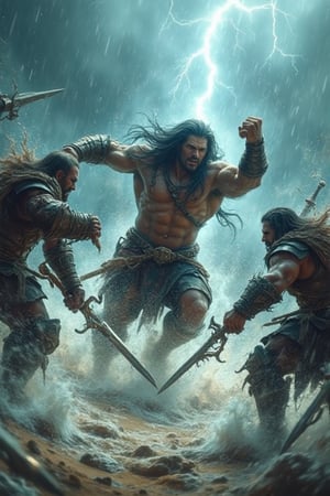 "Intense battle scene featuring Badang, the heroic warrior, fighting five enemies on a stormy beach, waves crashing against the shore. Badang, muscular and resolute, faces his opponents head-on, his body glistening under flashes of lightning. Each enemy wields a unique weapon, forming a circle around him, while Badang channels his power, fists clenched. The setting is wild, with wind and rain adding drama to the scene, and the lighting casts sharp shadows across each figure. Highly detailed, dynamic, with realistic textures and intense action."