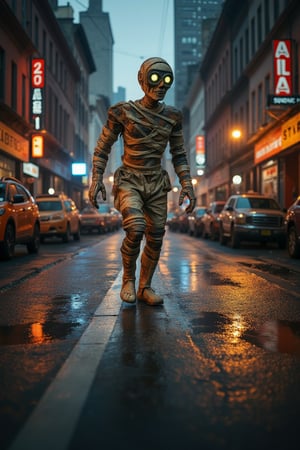 A mummy emerges from the shadows of a bustling metropolis, its ancient wrappings unwrapping to reveal tattered linen and weathered stone. Amidst the steel skyscrapers, neon lights reflecting off wet asphalt, the mummy's eyes glow with an otherworldly intensity as it takes slow, deliberate steps through the city streets, the sounds of honking cars and chatter fading into a haunting silence.,cartoon1