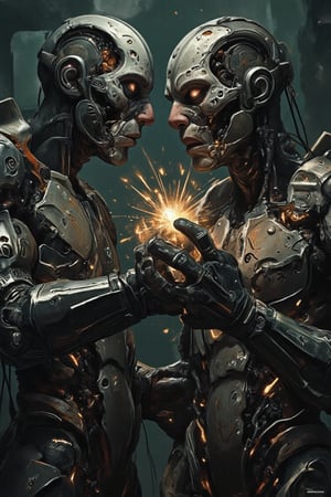 A dynamic close-up shot of two cyborgs locked in a brutal fight, their metallic bodies clashing with sparks flying and shattered armor exposing intricate mechanical parts, surrounded by a dark, industrial setting with broken machinery and flickering lights, intense expressions of aggression on their faces, shot with a Canon EOS-1D X Mark III, 35mm lens, high contrast with gritty, desaturated tones,mancyborg