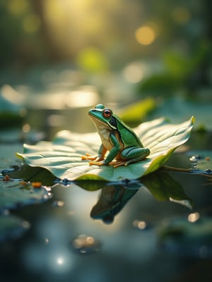 A serene and tranquil scene: a small, green frog perches delicately on a pristine white lotus leaf, its tiny feet grasping the smooth surface. The leaf floats effortlessly on a calm pond, surrounded by soft ripples and warm sunlight casting a gentle glow. The frog's bright eyes gaze upward, unfazed by the subtle shadows dancing across its verdant skin.