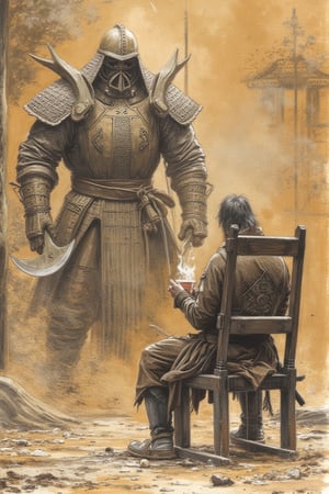 A worn wooden chair, weathered to a warm honey tone, supports the poised figure of a warrior, cradling a steaming cup of tea as they sit amidst the rustic charm of a 16th century Malay stall. The camera's vantage point is from behind, framing the subject's determined posture as they hold their katana at the ready. In the foreground, a towering warrior stands firm, their massive axe gleaming softly in the ambient light. Their piercing gaze fixes intently on the seated warrior, the air thick with tension, as if the very fate of their duel hangs precariously in balance. Sketch pencil,kungfuart