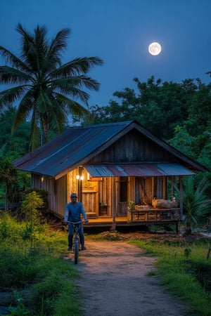 Aerial view of a centuries-old Malay wooden house, its weathered facade blending with the rustic surroundings. A winding dirt path leads to the door, where an elderly gentleman pedals his bicycle, the creaky old frame bearing testament to countless years of use. The half-moon casts a silver glow, illuminating the verdant coconut tree swaying gently in the breeze. As night falls, the house remains unlit, its interior radiance spilling out onto the path, a warm and inviting beacon.,Alamaya