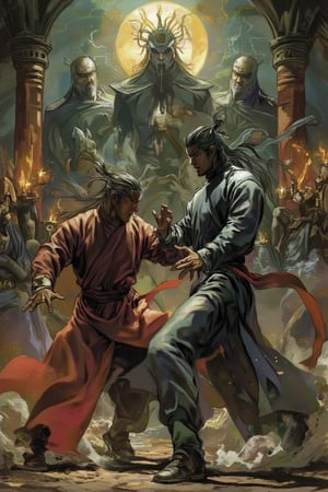 A dramatic wide-angle shot of two Kung Fu masters locked in an intense, brutal fight, each move precise and powerful, with the shadowy figures of their spiritual guardians looming large behind them, in a dimly lit, ancient temple setting filled with dust and flickering candlelight, capturing the raw ferocity and mystical tension, shot with a Sony A7R IV, 28mm lens, deep shadows with high-contrast, muted tones,Buku Komik ,JojoArt.hanna