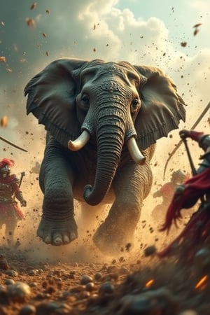 "Epic fantasy scene of a massive armored elephant charging at full speed, in mid-motion, crushing a line of soldiers, armor glinting with intricate designs, tusks reinforced with iron spikes, dust and debris flying as the wall of soldiers is shattered on impact, dynamic lighting, intense battlefield atmosphere, dramatic motion blur to enhance the fast movement, cinematic perspective, high detail, hyper-realistic textures, 4k resolution"