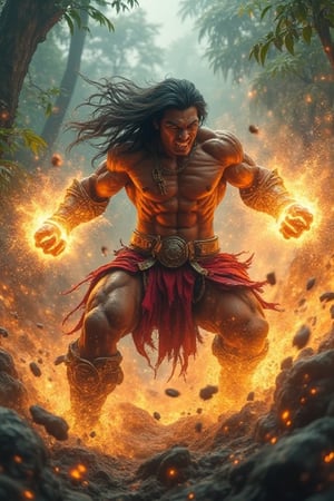 A powerful, muscular warrior, Badang, in dynamic motion, unleashing his Fist Crack ability, his fists glowing with intense energy, shockwaves erupting from his punches, scattering debris and creating cracks in the ground. The background shows a jungle clearing at dusk, mist swirling around him as his strength creates a vortex of power. His expression is focused and fierce, eyes glowing, embodying the mythical strength of a Southeast Asian warrior. Highly detailed, realistic anatomy, dramatic lighting, photorealistic textures, cinematic action shot.