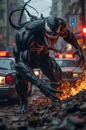 Venom in a brutal attack on police officers, symbiote tendrils lashing out, police cars overturned and damaged, flashing red and blue lights reflecting off Venom’s black, oily skin, intense and menacing expression, highly detailed muscles and textures, dark urban environment, cinematic lighting, chaotic energy, photorealistic,terpaling