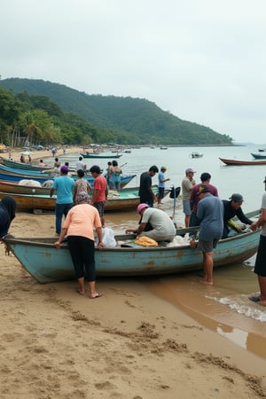 The image shows a group of people gathered around a small fishing boat on a sandy beach. The boat appears to be docked near the shore, and the individuals are handling some equipment, likely related to fishing or boat maintenance. Some of the people are wearing caps and face coverings. There are other boats in the background, as well as trees and hills along the shoreline. The sea is visible, and the atmosphere seems to suggest a fishing village or a coastal community setting. The sky is overcast, giving a calm, cloudy feel to the scene.,impian